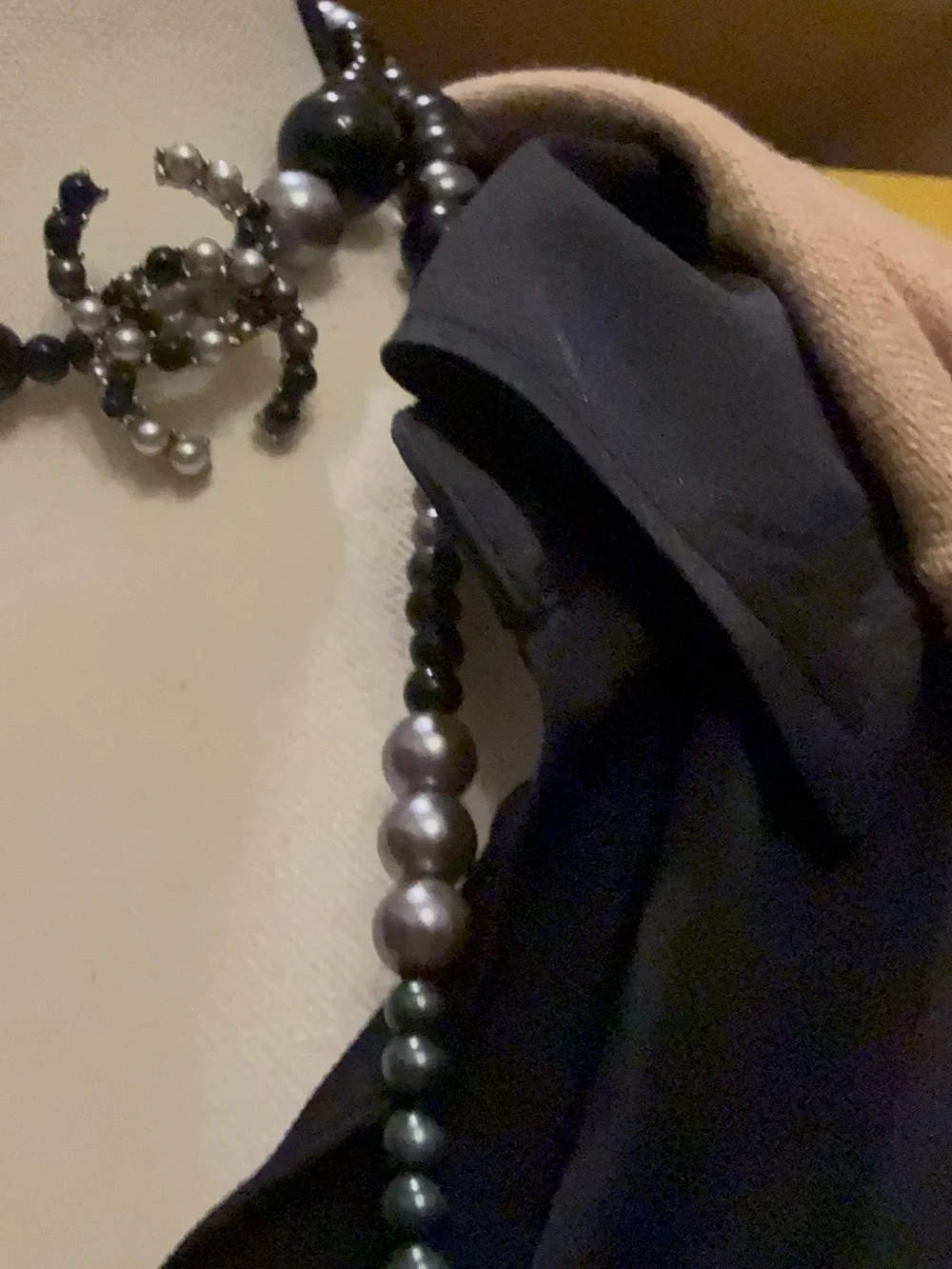 CHANEL Long Black and Silver Beaded Necklace with Pearl Accents